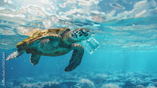 Generative AI illustration of sea turtle swimming near the surface with a visible piece of plastic in its mouth  against a clear blue ocean background hyper realistic 