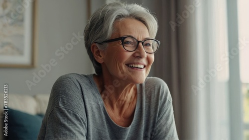Smiling middle aged mature gray haired woman looking at camera, happy old lady in glasses posing at home indoor, positive single senior retired female sitting on sofa in living room headshot portrait photo