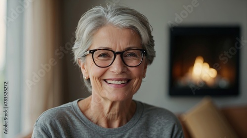 Smiling middle aged mature gray haired woman looking at camera, happy old lady in glasses posing at home indoor, positive single senior retired female sitting on sofa in living room headshot portrait photo