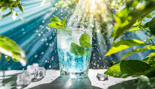 さわやかな太陽の日差しが差し込む透明な氷が入ったグラスの炭酸水からキラキラとはじけるしぶきと氷のかけら植物のハーブと清涼なイメージ 夏・水・飲料水・ソーダ 