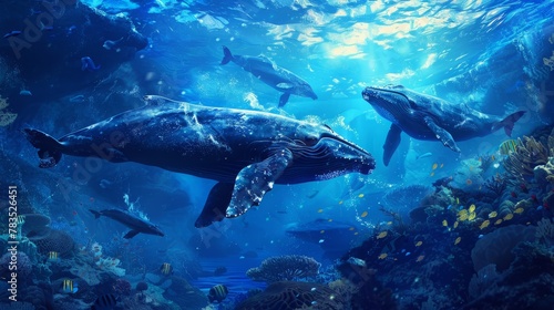 ocean, underwater atmosphere, coral, underwater plant, blue sea, several whales swimming inside, blue and white whales, hyperrealistic, photography © ProductionK