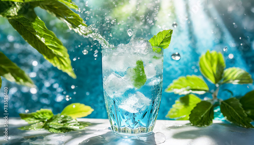 さわやかな太陽の日差しが差し込む透明な氷が入ったグラスの炭酸水からキラキラとはじけるしぶきと氷のかけら植物のハーブと清涼なイメージ 夏・水・飲料水・ソーダ 