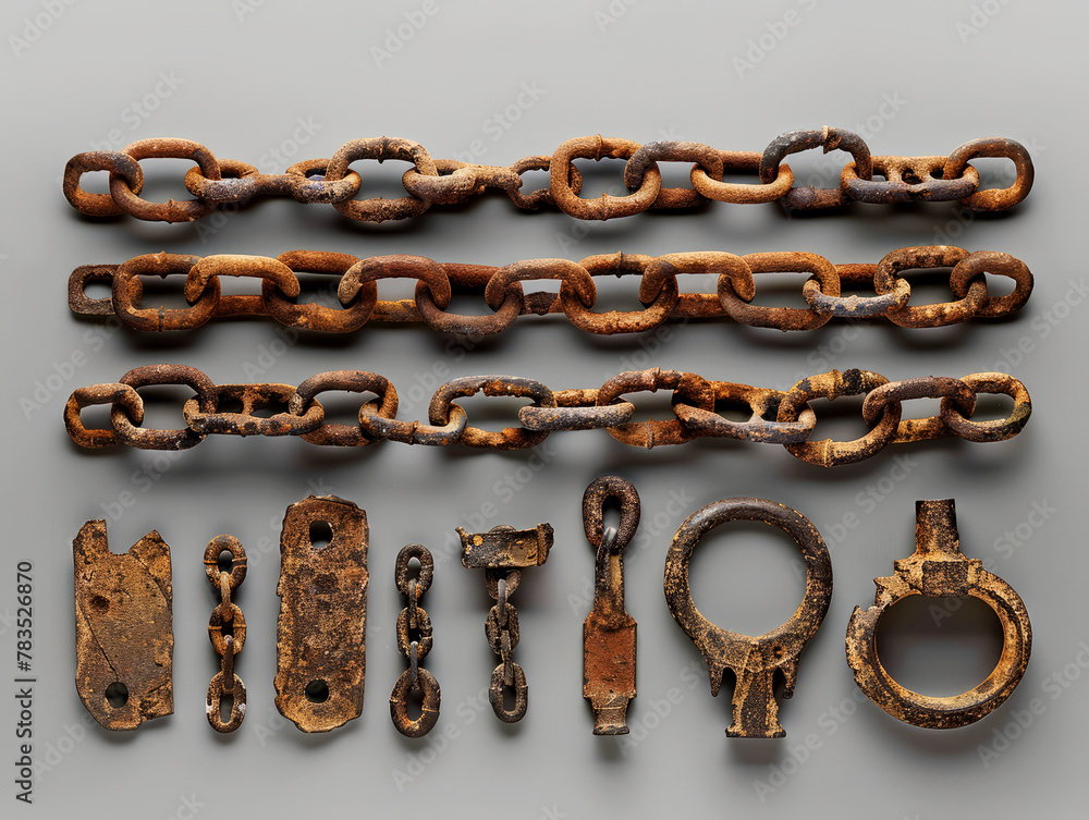 Collection of various old rusted metal objects on neutral background, historical decay theme Collection of various old rusted metal objects on neutral background, historical decay theme