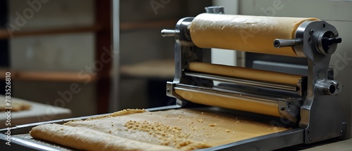 Baker making dough for pastry on dough sheeter. Dough rolling machine for rolling dough for the production of pastries, bread and baklava.
