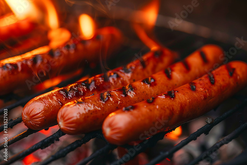 Hot dogs grilling on a barbecue, detail shot showcasing the sizzle of summer cookouts