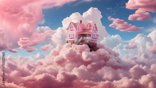  A charming pink house perched on a fluffy cloud, surrounded by a surreal sky photo