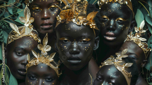 A group of black models transformed into ethereal elves with delicate golden crowns and intricate body paint. With their piercing gazes and ethereal energy they seem to have stepped . © Justlight