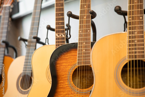 classical guitars in the music shop . Close up shot