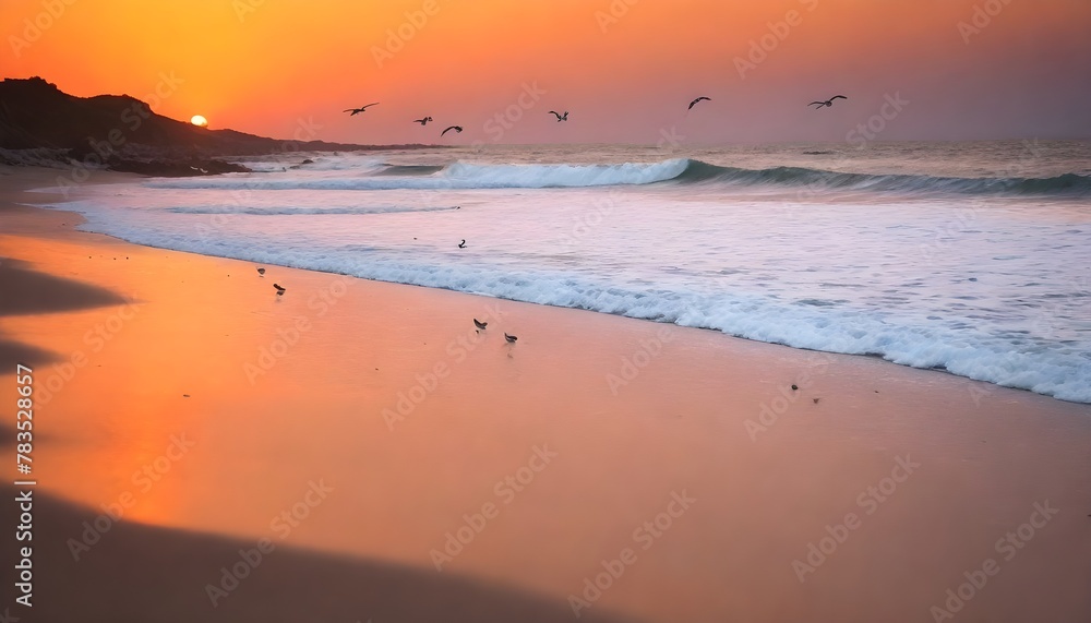 A secluded beach at sunset, with waves gently lapping against the shore and seagulls soaring in the orange sky.