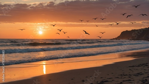 A secluded beach at sunset, with waves gently lapping against the shore and seagulls soaring in the orange sky. © Rustam