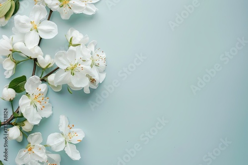 Spring Floral Border Frame with White Apple Blossom or Jasmine Flowers on Light Blue Table Top View, Flat Lay with Copy Space on Gray Background. Simple Minimalistic Design.  © Yi