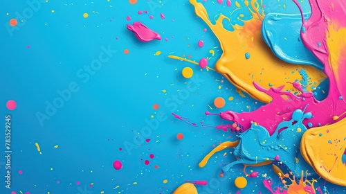Top view of Colorful Holi powder in bowls on color background with copy space. Holi Celebration.