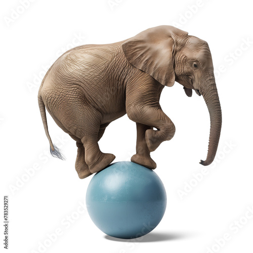 African elephant  balancing on a blue ball isolated on white background.