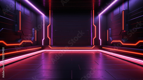 Dark room with neon lights glowing lines futuristic retro