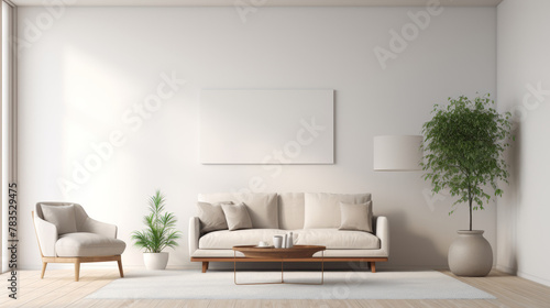 Living room with a white couch, a chair, a coffee table, and a potted plant © kitti