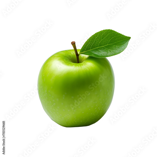 A portion of a green apple along with its green leaves is seen alone on a transparent background. 