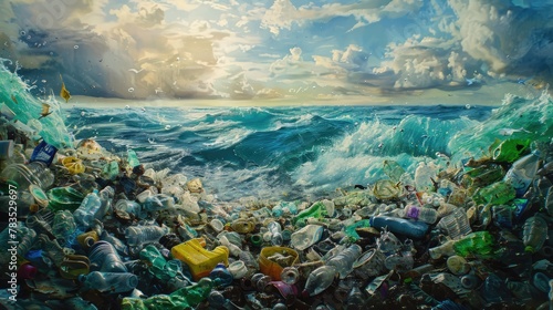 Polluted ocean. Garbage and waste. Animals suffer from pollution. Ecological disaster concept. AI-generated. © Acronym