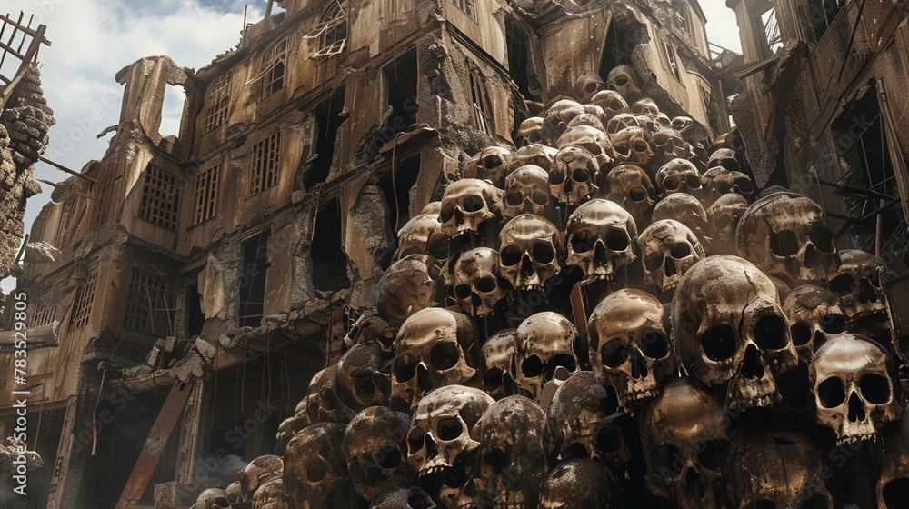 Apocalyptic pile of human skulls in front of war-torn buildings under a harsh sunlight.