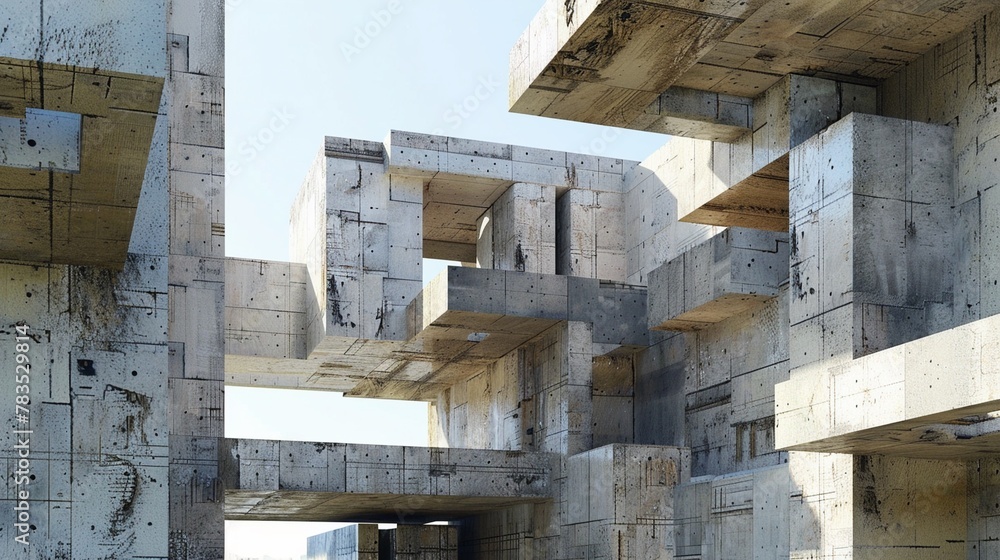 Detail of brutalist architecture showcasing textured concrete and interlocking geometric forms. Detail of brutalist architecture showcasing textured concrete and interlocking geometric forms.