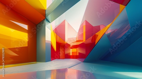 Vibrant geometric interior with colorful angles and light reflections creating abstract art.
