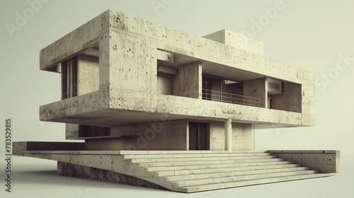 Modern brutalist architecture featuring cantilevered levels and a staircase leading upwards.