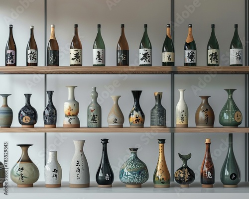 Assorted collection of sake bottles neatly displayed on shelves with Japanese aesthetic. photo