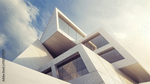 Modern minimalist white architecture with sharp angles and clean sky in the background. photo