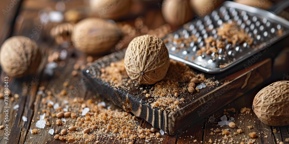 Whole nutmeg, grater background, close view, warm kitchen setting, detailed surface Whole nutmeg, grater background, close view, warm kitchen setting, detailed surface