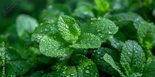 Fresh mint leaves, dew kissed, close shot, lush green, bright light, crisp detail 