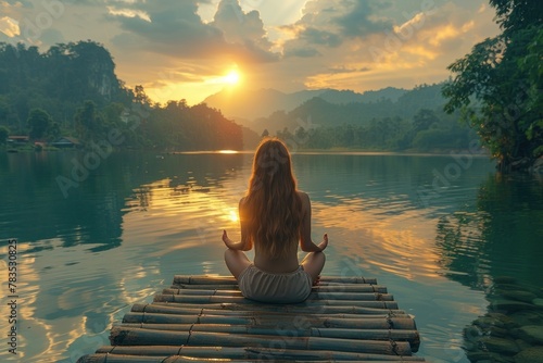 Woman sitting on raft in water. Generative AI photo