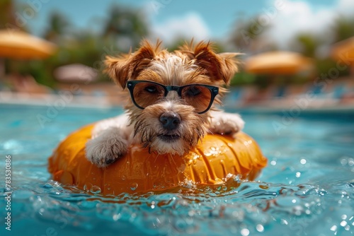 Dog swimming with orange frisbee in pool. Generative AI