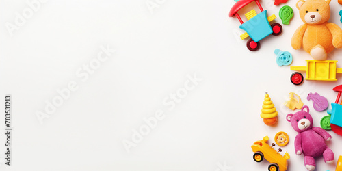 Baby kids toys frame background Teddy bear and wooden educational Baby toys on white background Overhead view Blank space for text