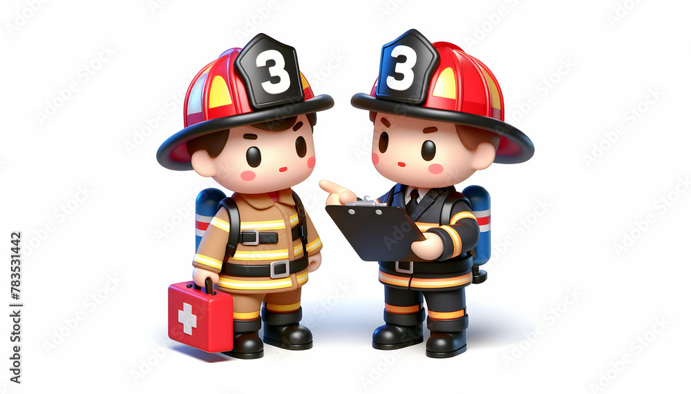 3D Icon: Firefighter Mentoring New Recruit in Candid Daily Work Environment - Isolated White Background