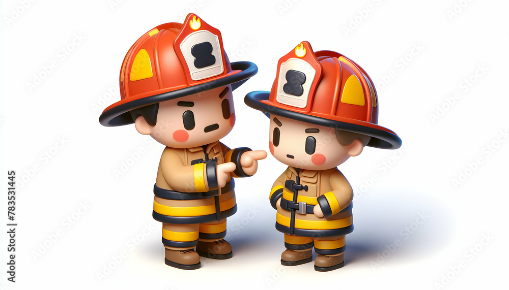 3D Icons of Firefighter Mentoring a New Recruit in Candid Daily Work Environment and Routine, Isolated on White Background 3D Icons of Firefighter Mentoring a New Recruit in Candid Daily Work Environment and Routine, Isolated on White Background