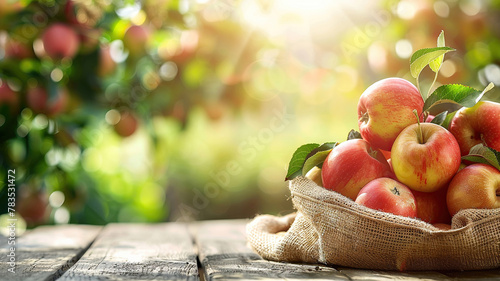 ripe apples in a bag on a wooden table