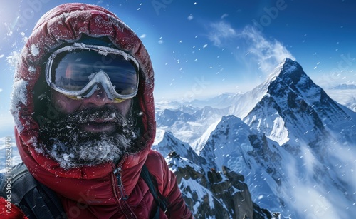 Self photograph of an explorer on the top mountain with Mount Everest in the background, wearing ski goggles and a red jacket