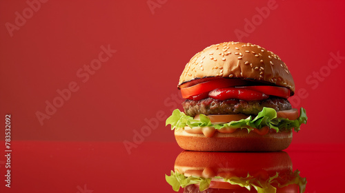 Classic burger with a juicy patty, fresh lettuce, tomato, and sauce on a sesame seed bun, set against a vibrant red background with a reflective surface.
