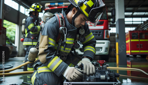 Authentic image of a firefighter conducting equipment maintenance in a candid, daily work environment, showcasing the routine of the firefighting profession