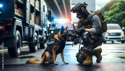 Photo-realistic image of K9 Unit Search Officer and police dog working together in a search operation, captured in candid daily environment, showcasing their routine of work. photo