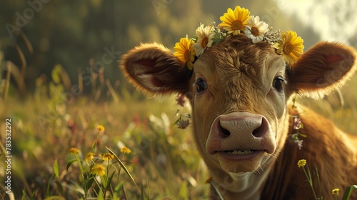 A cow with a big, goofy grin and a flower crown on its head ,super realistic,soft shadown
