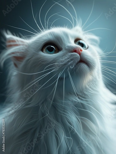 A fluffy white cat with oversized, expressive eyes and long whiskers ,3DCG,high resulution,clean sharp focus