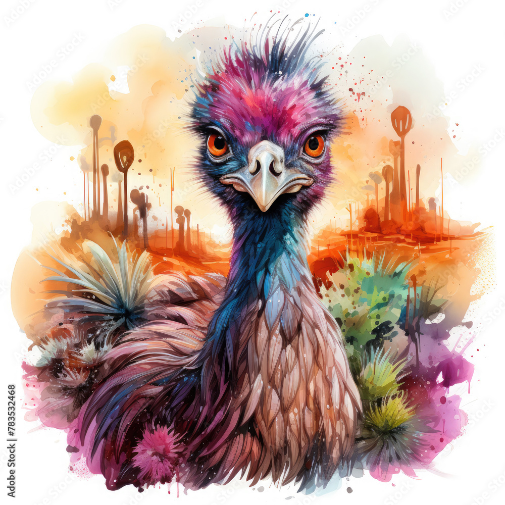Obraz premium Watercolor Emu, clipart Illustration, Generative Ai