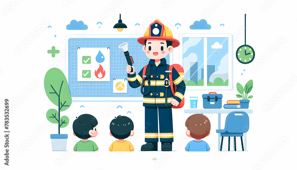 Flat vector illustration of a Firefighter conducting a safety inspection in a candid daily routine, isolated on white background Flat vector illustration of a Firefighter conducting a safety inspection in a candid daily routine, isolated on white background