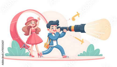 Fashion Photographer Directing Model Shoot with Vibrant Backdrops - Candid Daily Work Environment Vector Illustration