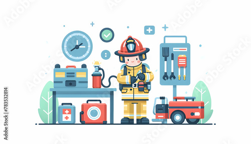 Simple flat vector illustration of a firefighter maintaining equipment in a candid daily work environment with isolated white background