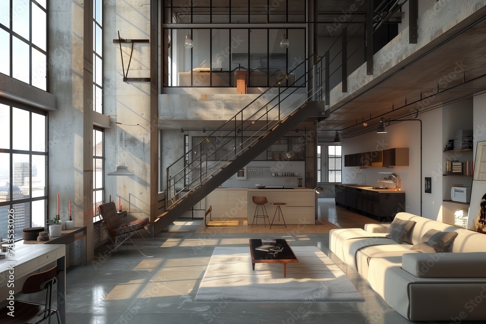 A modern loft apartment with open-concept living, concrete floors, and industrial accents.
