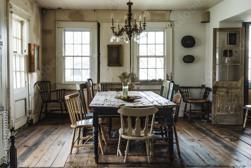 A rustic dining room with a farmhouse table, mismatched chairs, and vintage chandelier.