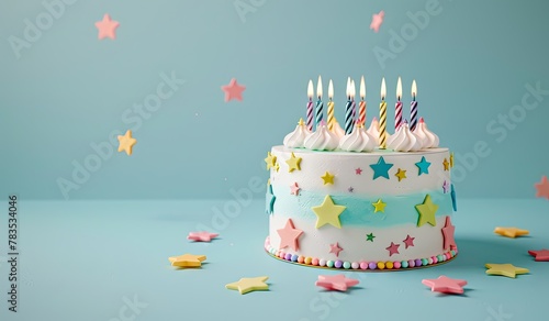 Colorful birthday cake with candles and decorations, high quality shot, created with AI