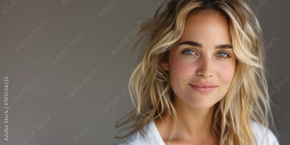 Beautiful smiling young blonde caucasian woman, isolated on neutral background. Close up portrait of face. Horizontal Web Banner Style. Generative AI.
Beautiful smiling young blonde caucasian woman, isolated on neutral background. Close up portrait of face. Horizontal Web Banner Style. Generative AI.