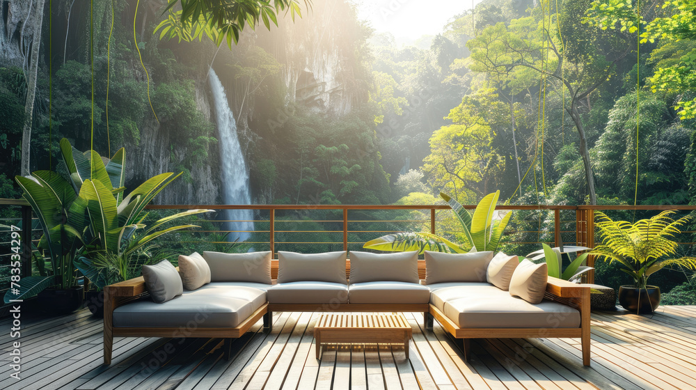Fototapeta premium Sofa on the wooden terrace in the rainforest